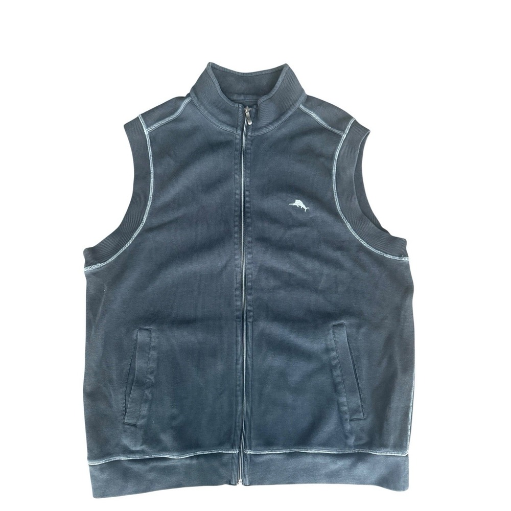 Tommy Bahama Men's Full Zip Vest 100% Cotton Black & Gray Stitching Size Large